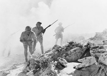 Australian troops advance during the battle of El Alamein during World War Two. Photo credit: Wikimedia Commons